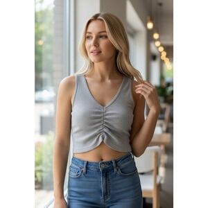 aerie Light Gray Ruched V-Neck Ribbed Crop Top